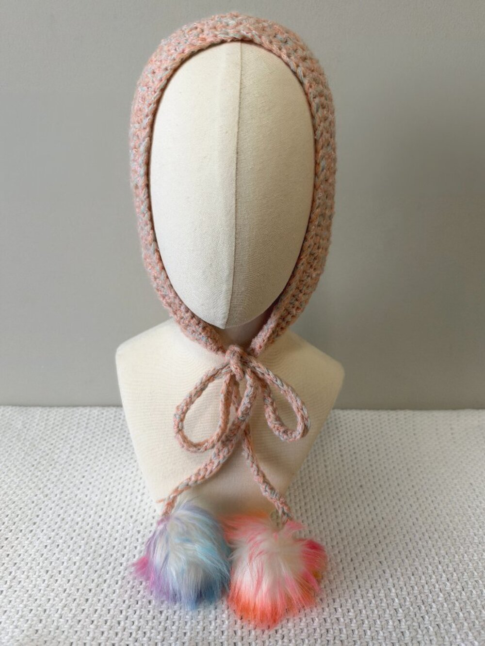 Handmade Crochet Light Orange Blue Long Tassel Neon Pompoms Bonnet